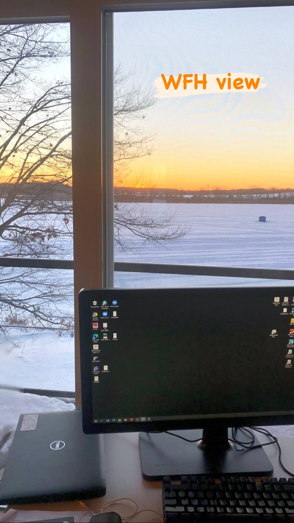 Sunset over the frozen lake