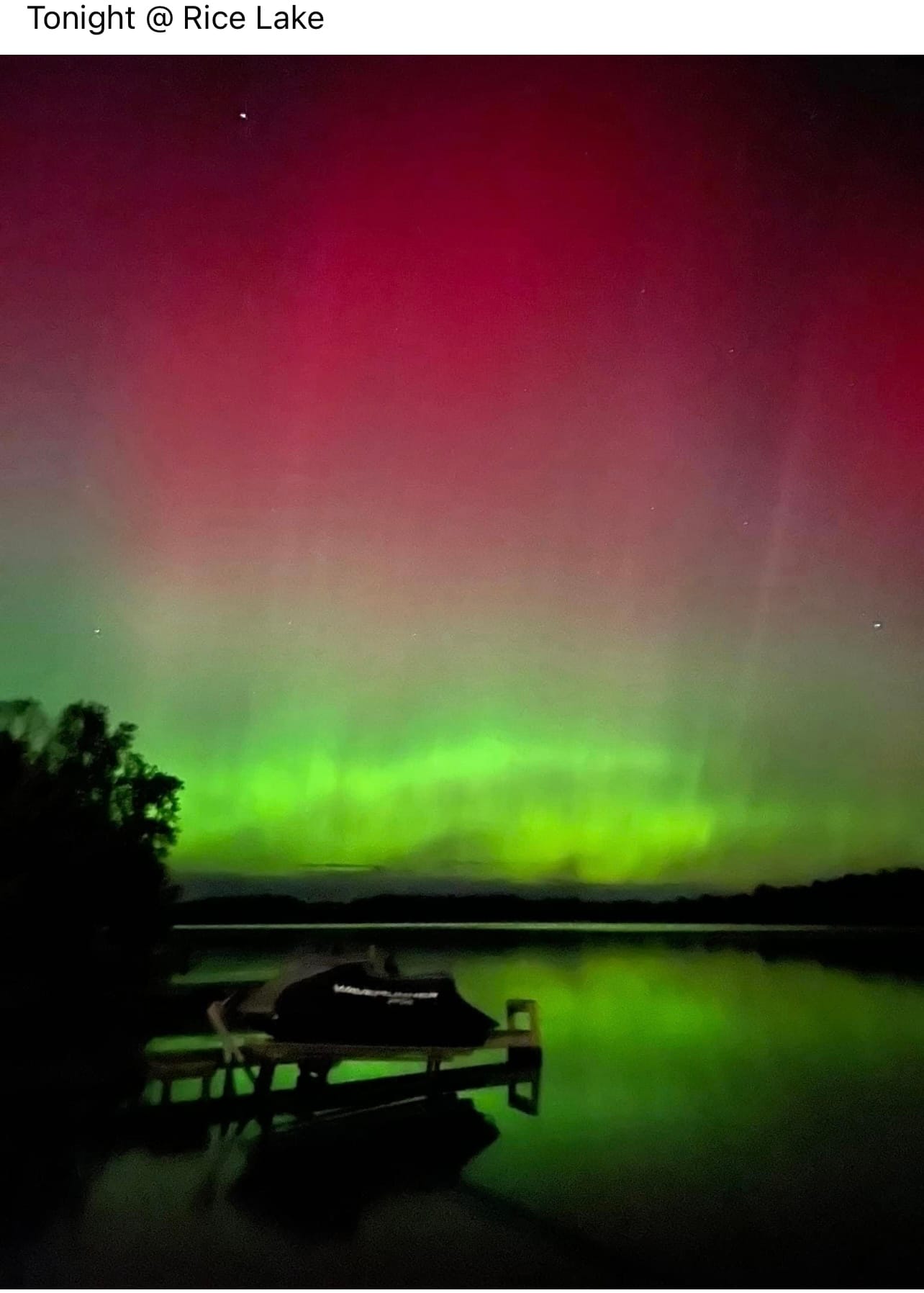 Pink and green aurora over Rice Lake